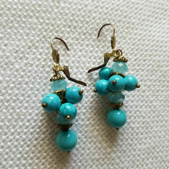 Howlite Bracelet & Dangle Earrings Set Blue Vintage Bead Stone Jewelry 3 Pc Lot - Picture 7 of 9